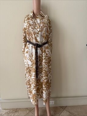 White & Camel Leaf Print Button-Front Maxi Shirt Dress